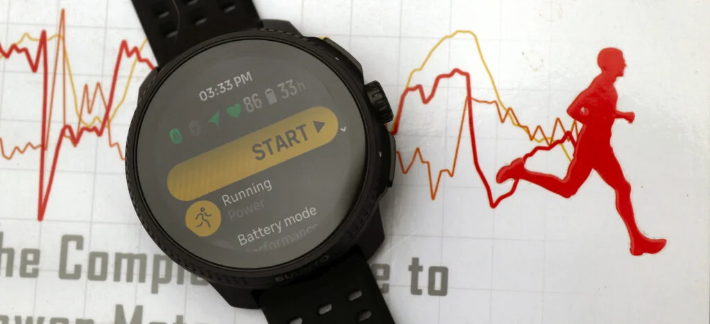 Stryd Review - Suunto RACE watch in running power mode with Jim Vance's book